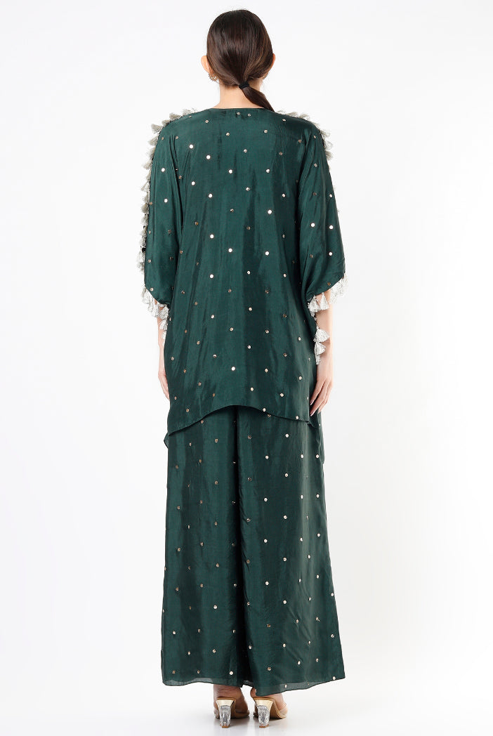 Emerald Green Dot Abutai Mukaish Silk Kaftan And Palazzo