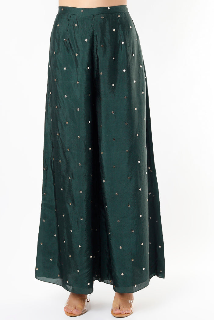 Emerald Green Dot Abutai Mukaish Silk Kaftan And Palazzo