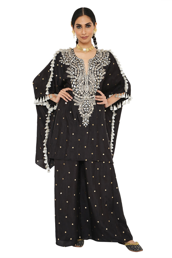Aarasi Black Colour Mukaish Silk Kaftan With Palazzo
