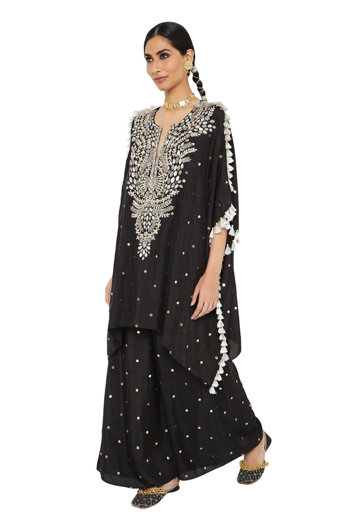 Aarasi Black Colour Mukaish Silk Kaftan With Palazzo