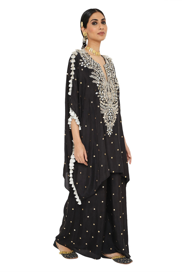 Aarasi Black Colour Mukaish Silk Kaftan With Palazzo