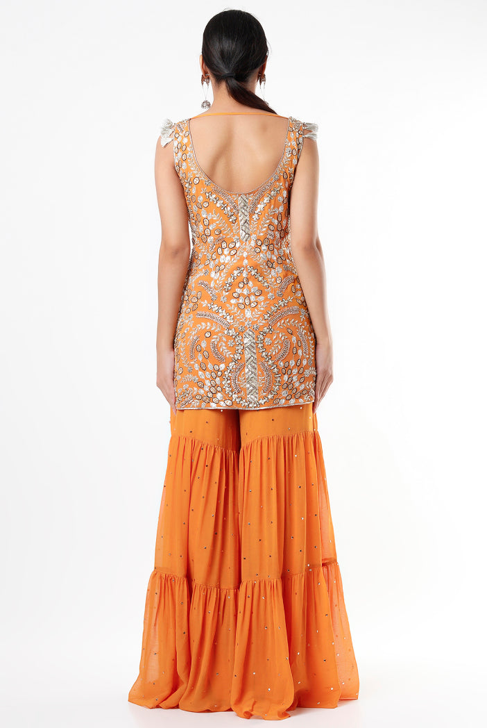 Mustard Georgette Embroidered Kurta With Dot Mukaish Georgette Sharara And Net Dupatta