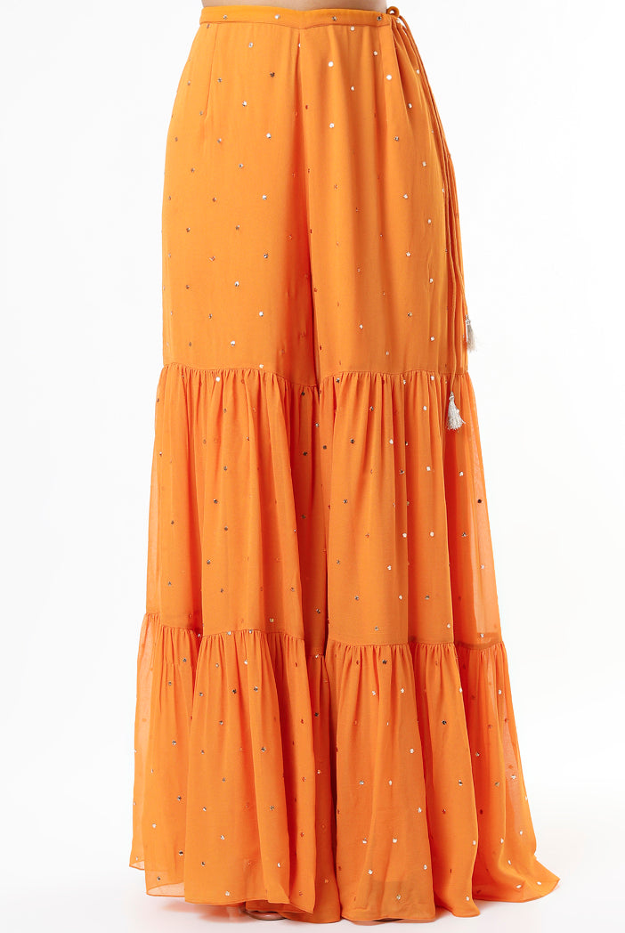 Mustard Georgette Embroidered Kurta With Dot Mukaish Georgette Sharara And Net Dupatta