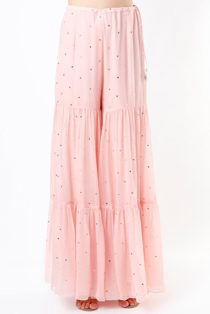 Rose Pink Georgette Embroidered Kurta With Dot Mukaish Georgette Sharara And Net Dupatta