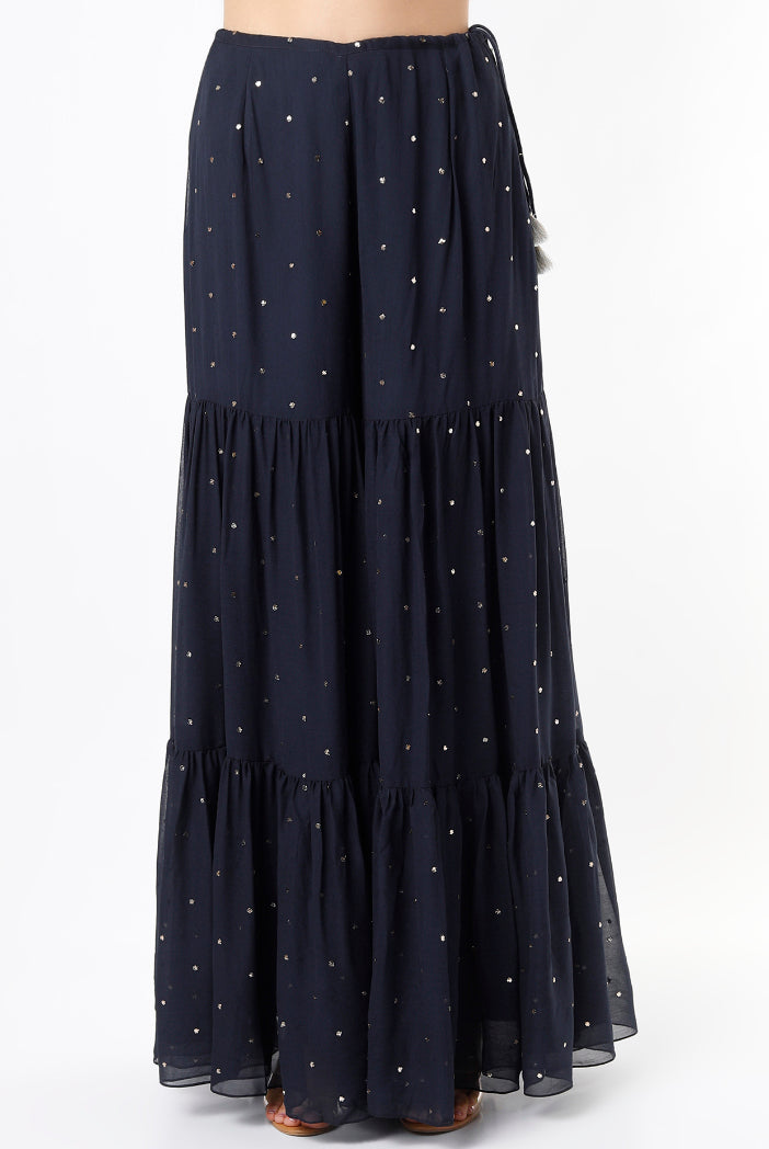Navy Georgette Embroidered Kurta With Dot Mukaish Georgette Sharara And Net Dupatta