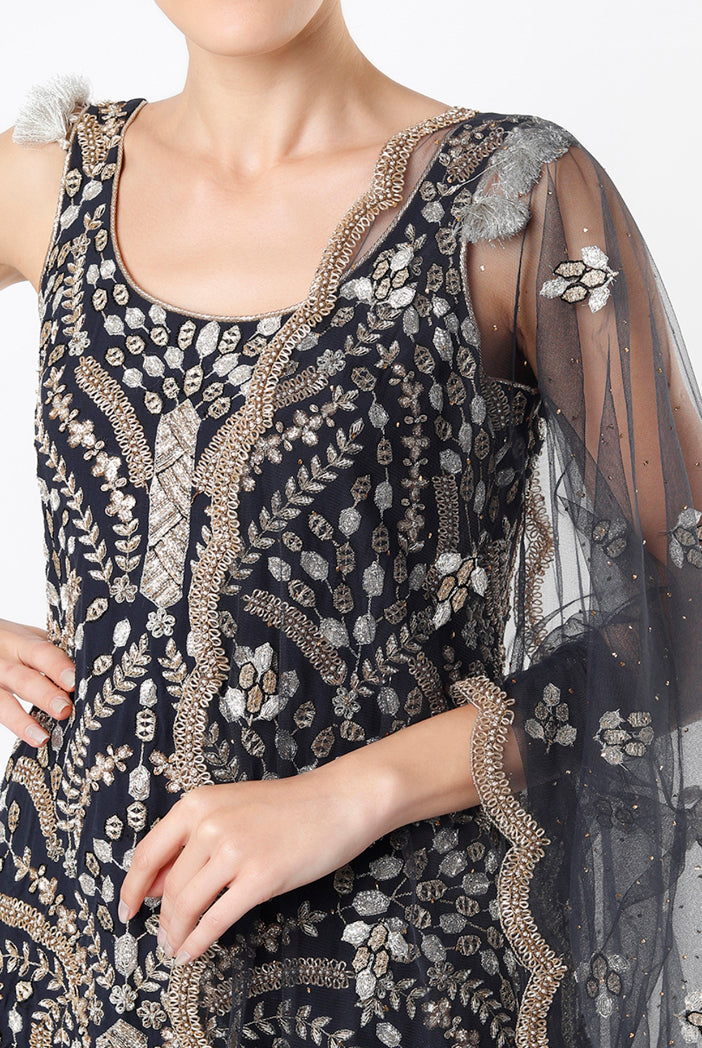 Navy Georgette Embroidered Kurta With Dot Mukaish Georgette Sharara And Net Dupatta