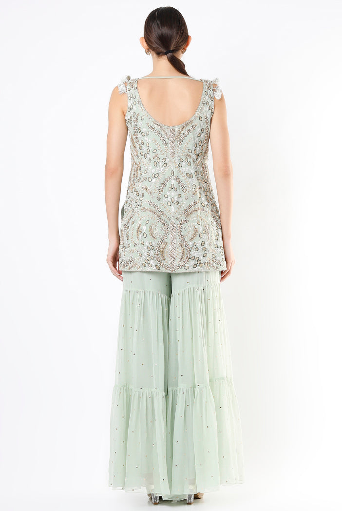 Mint Georgette Embroidered Kurta With Dot Mukaish Georgette Sharara And Net Dupatta