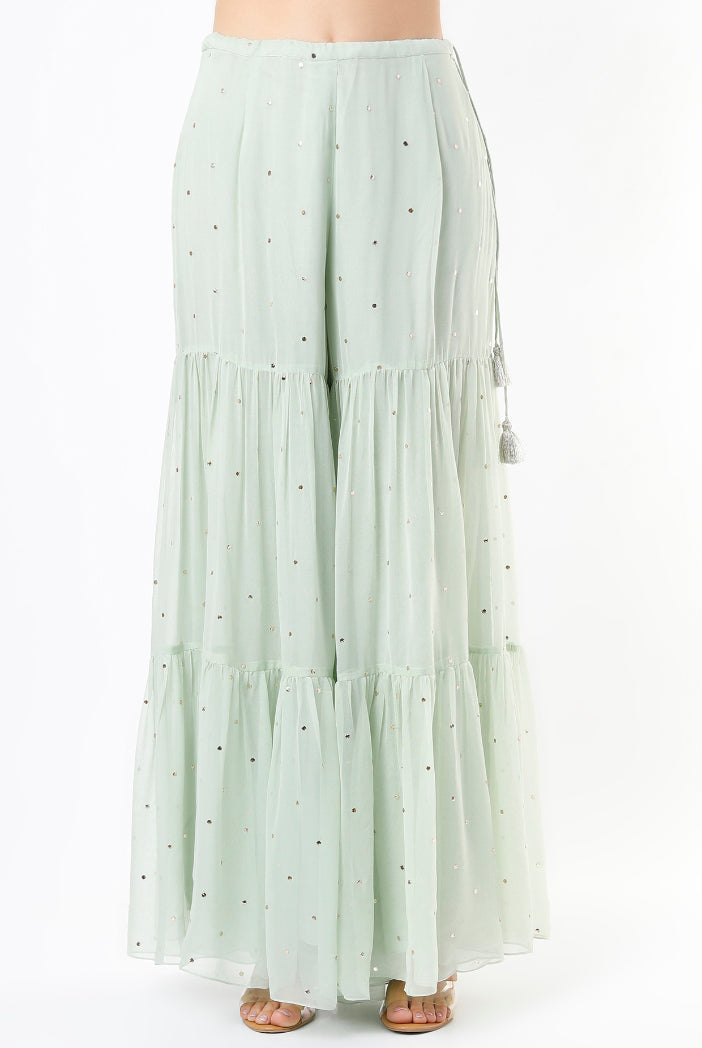Mint Georgette Embroidered Kurta With Dot Mukaish Georgette Sharara And Net Dupatta