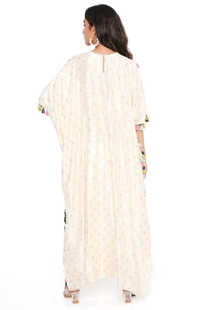 Chalk White Colour Floral Chanderi Yoke Embroidered Kurta With Tassel And Jogger Pant