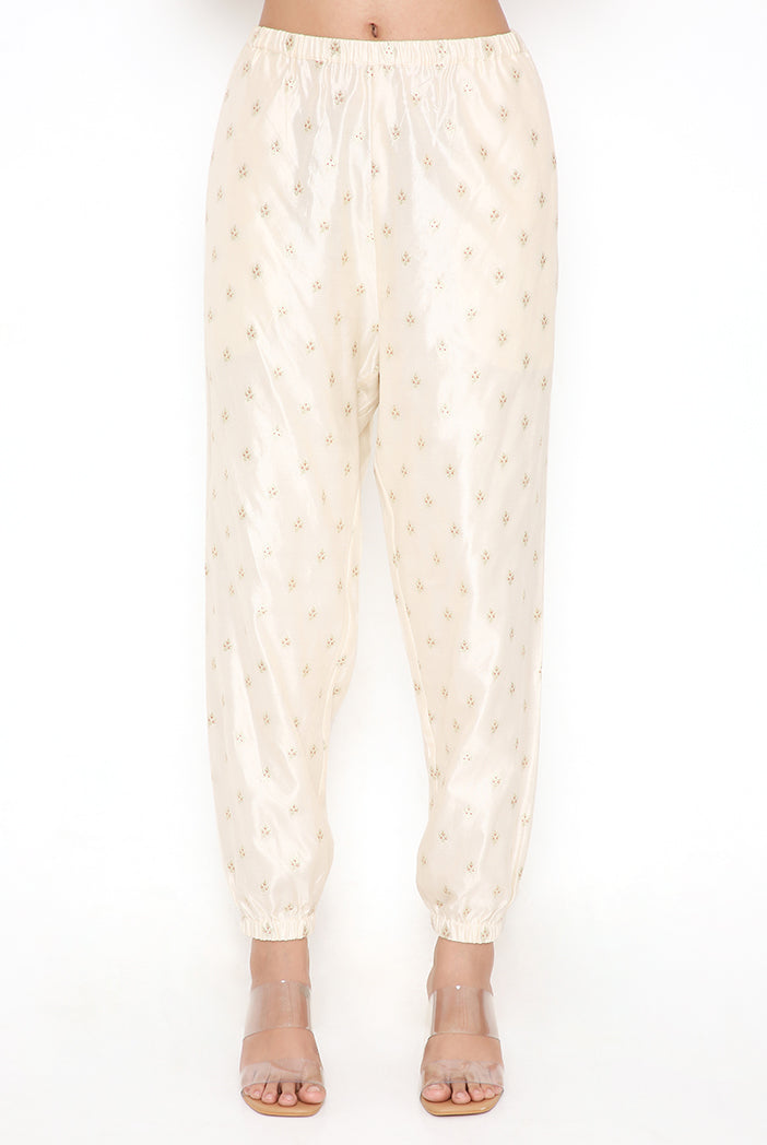 Chalk White Colour Floral Chanderi Yoke Embroidered Kurta With Tassel And Jogger Pant