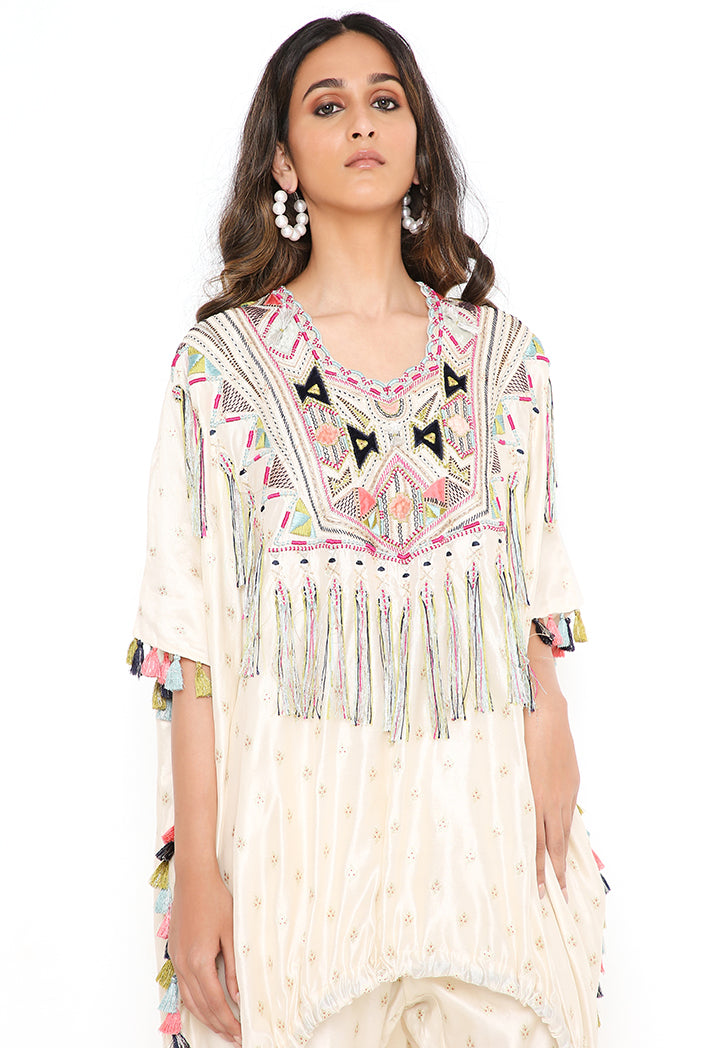 Chalk White Colour Floral Chanderi Yoke Embroidered Kurta With Tassel And Jogger Pant