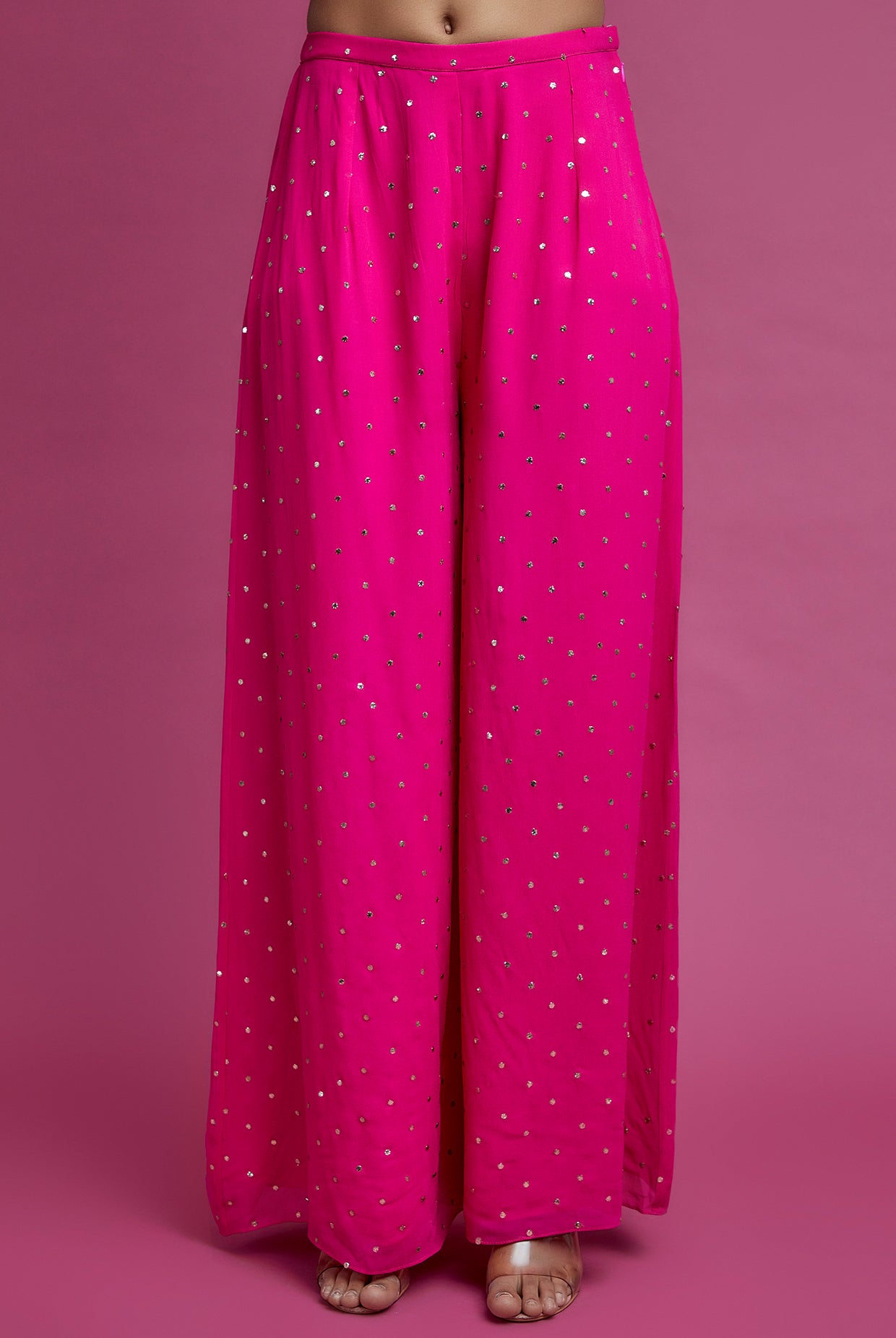 Hot Pink Embroidered Yoke Kurta And Palazzo With Dupatta