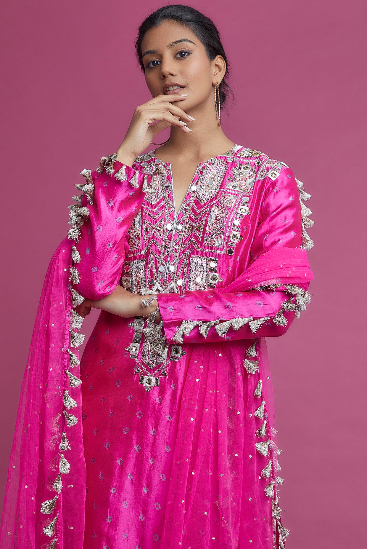 Hot Pink Embroidered Yoke Kurta And Palazzo With Dupatta