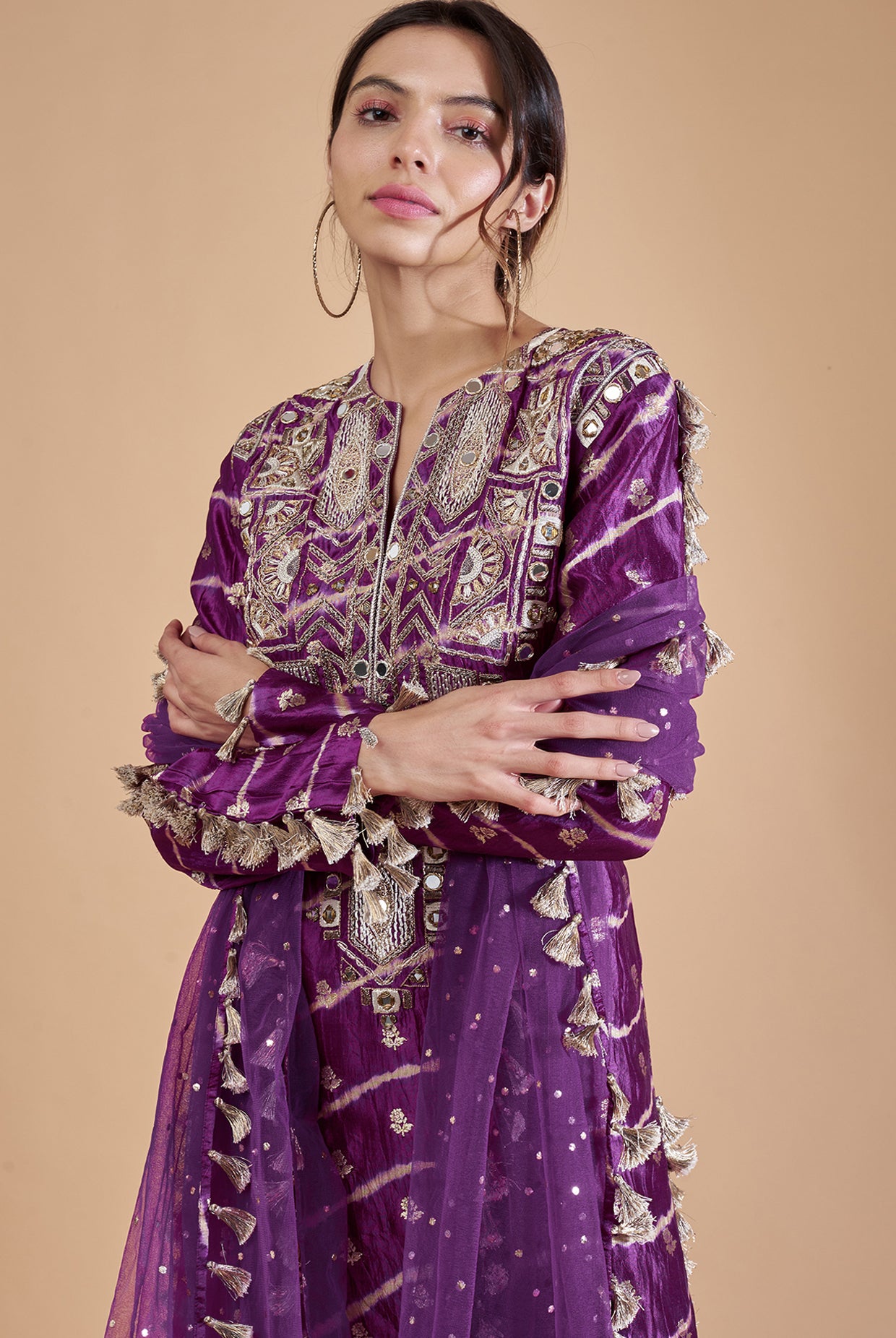 Purple Embroidered Kurta With Palazzo And Dupatta