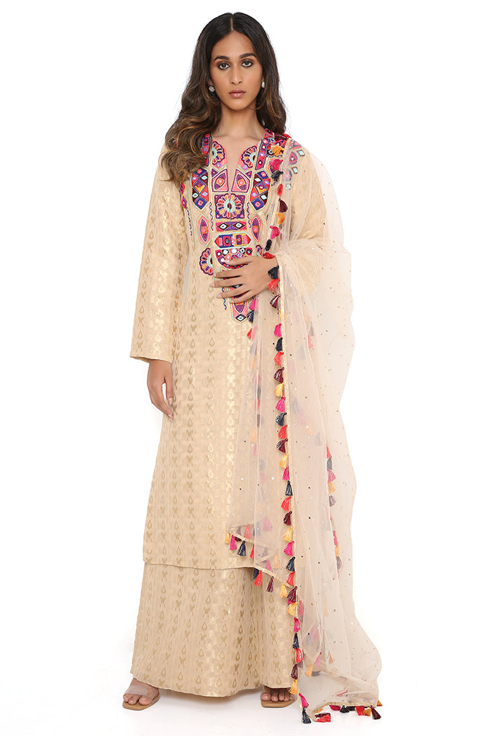 Stone Banarasi Georgette Embroidered Kurta And Palazzo With Mukaish Net Dupatta