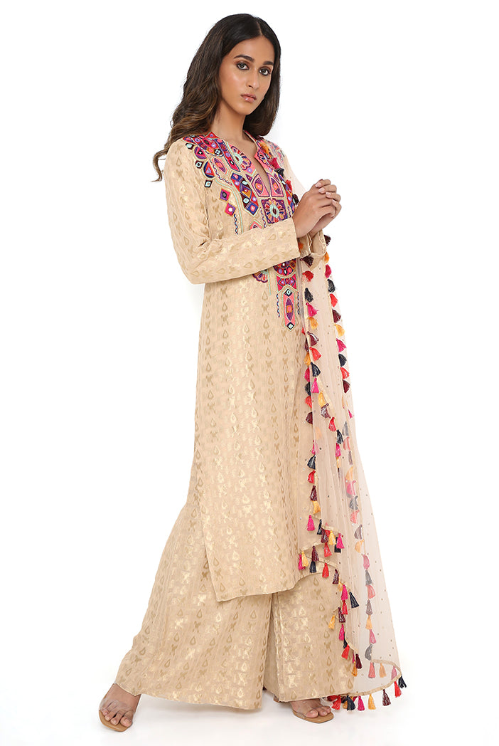 Stone Banarasi Georgette Embroidered Kurta And Palazzo With Mukaish Net Dupatta