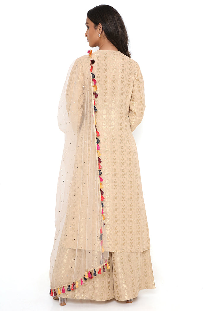 Stone Banarasi Georgette Embroidered Kurta And Palazzo With Mukaish Net Dupatta
