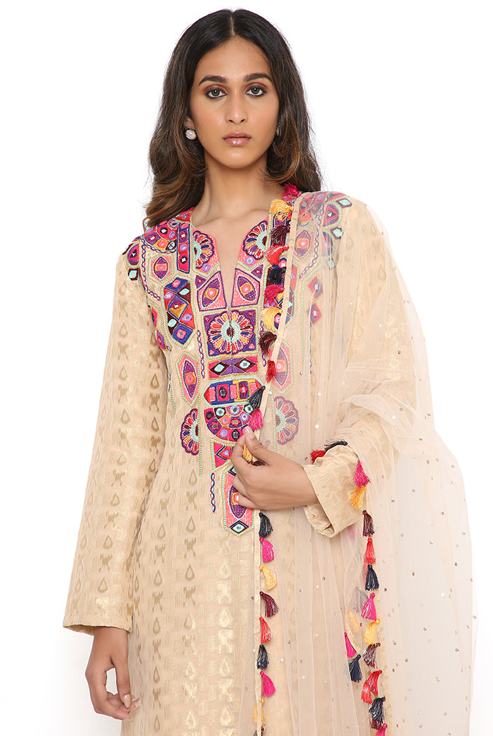 Stone Banarasi Georgette Embroidered Kurta And Palazzo With Mukaish Net Dupatta