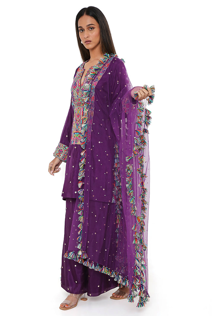 Purple Mukaish Silk Embroidered Kurta And Palazzo With Net Mukaish Dupatta