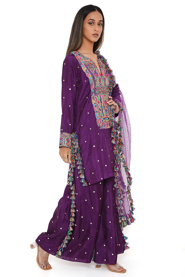 Purple Mukaish Silk Embroidered Kurta And Palazzo With Net Mukaish Dupatta