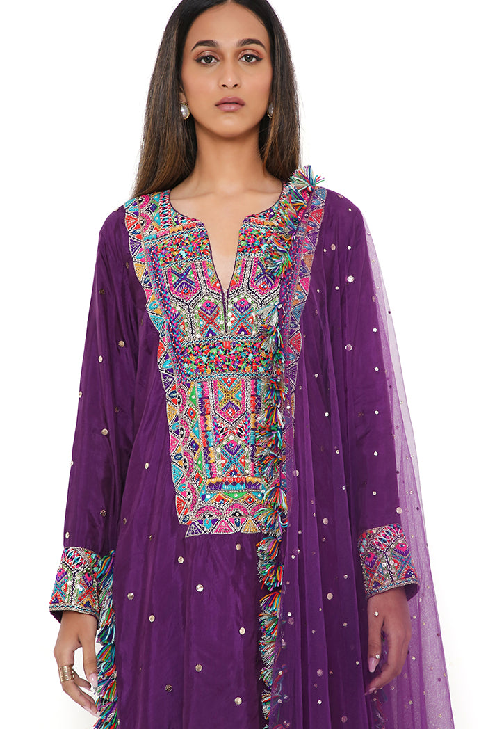 Purple Mukaish Silk Embroidered Kurta And Palazzo With Net Mukaish Dupatta