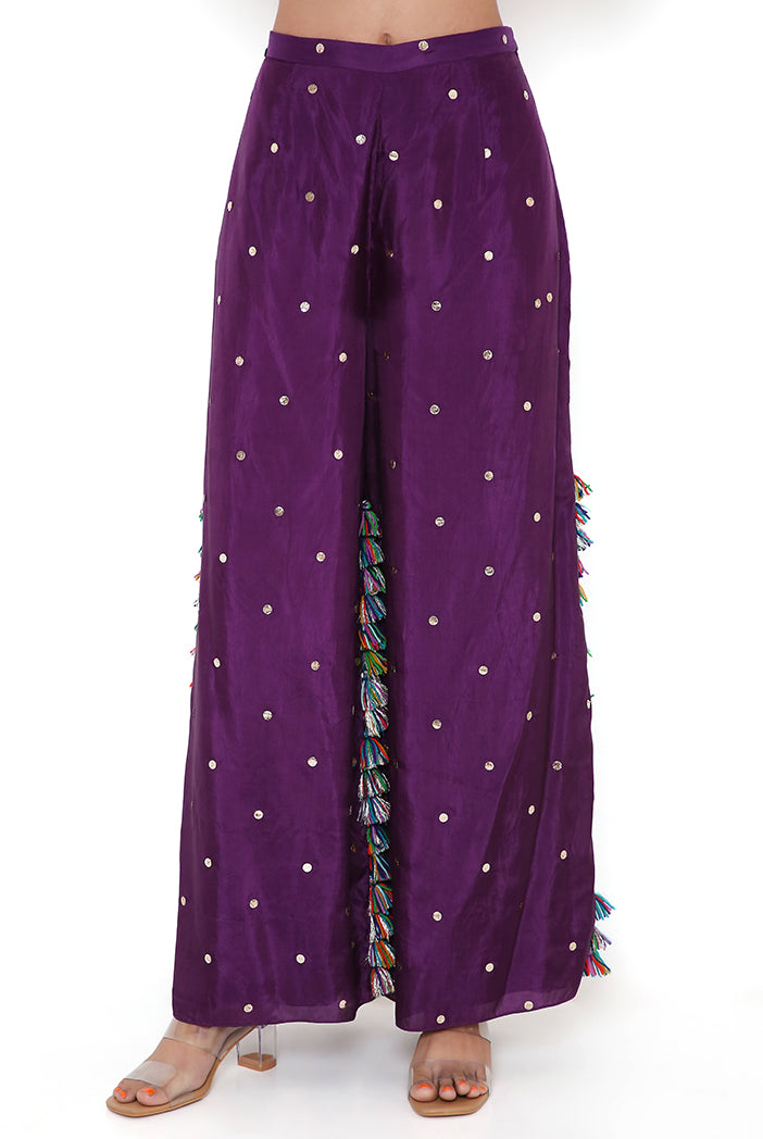 Purple Mukaish Silk Embroidered Kurta And Palazzo With Net Mukaish Dupatta