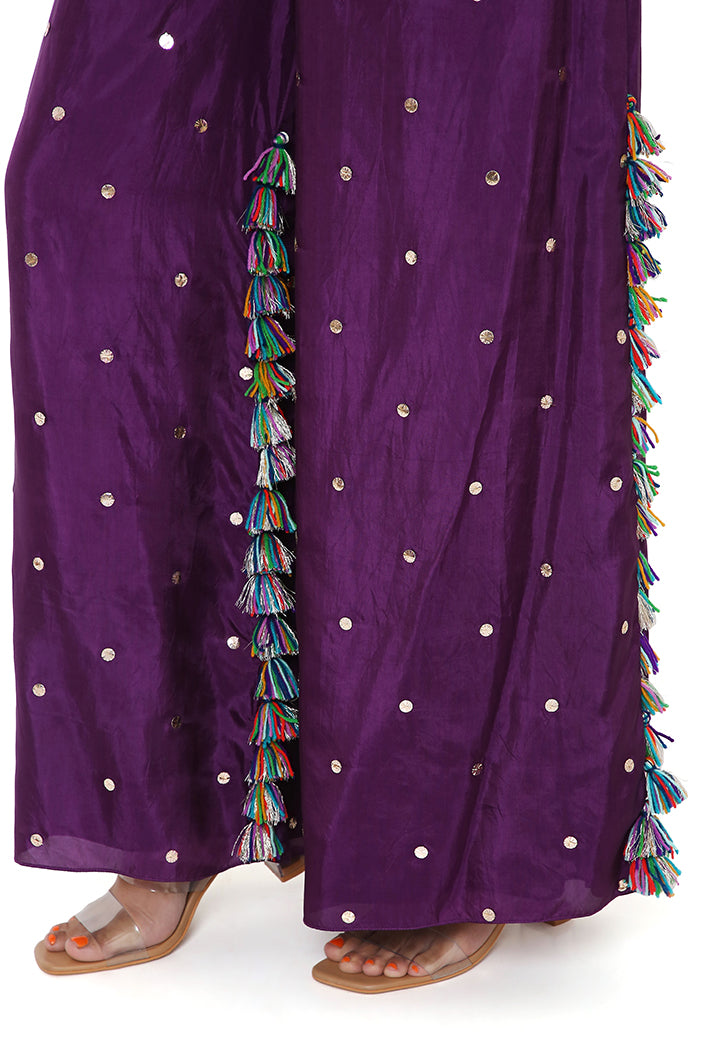 Purple Mukaish Silk Embroidered Kurta And Palazzo With Net Mukaish Dupatta