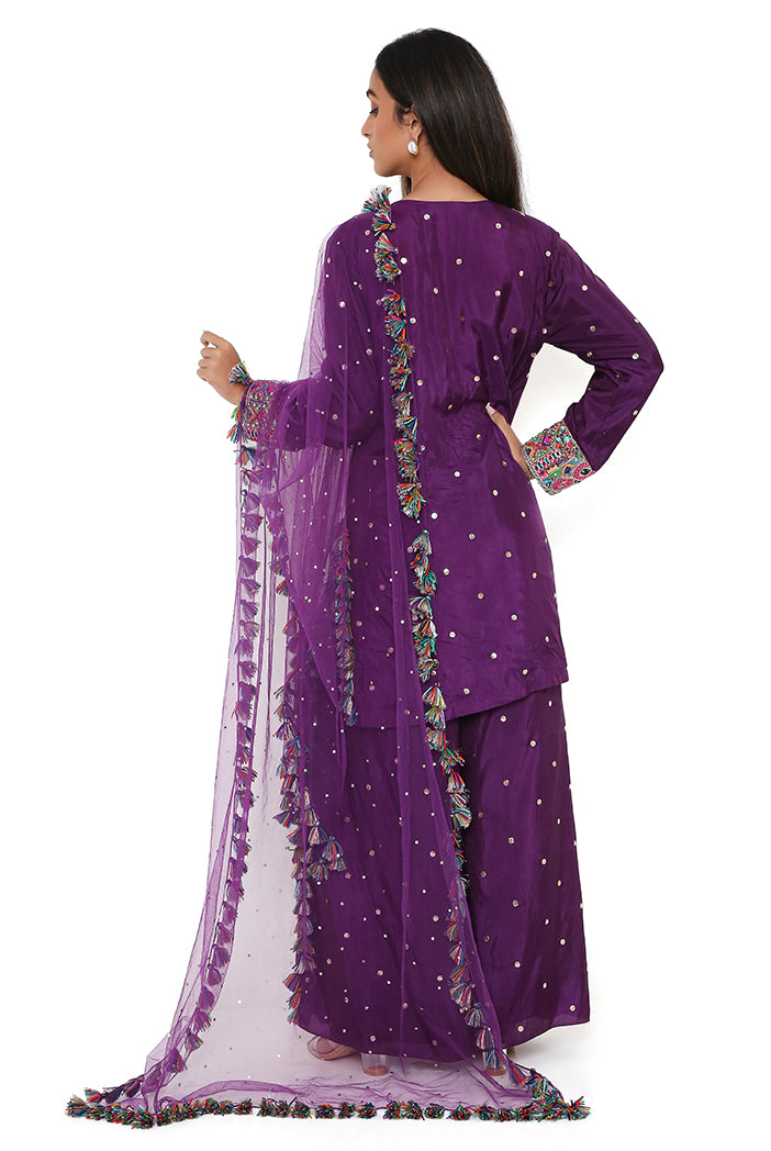Purple Mukaish Silk Embroidered Kurta And Palazzo With Net Mukaish Dupatta