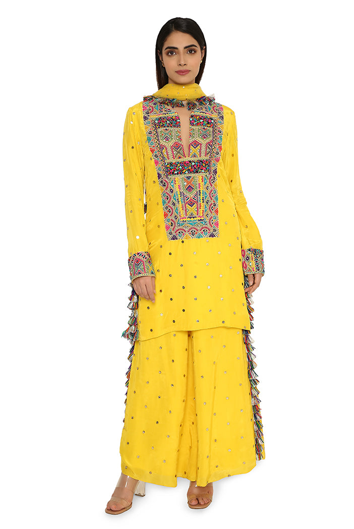 Helena Yellow Colour Silk Embroidered Kurta With Palazzo And Net Dupatta