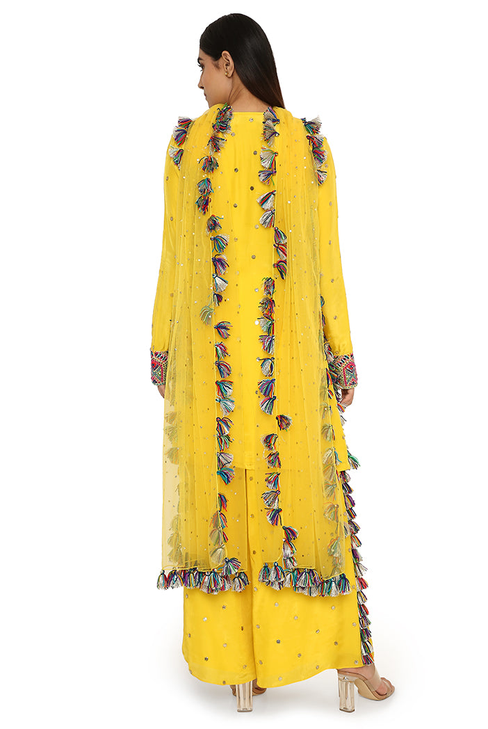 Helena Yellow Colour Silk Embroidered Kurta With Palazzo And Net Dupatta