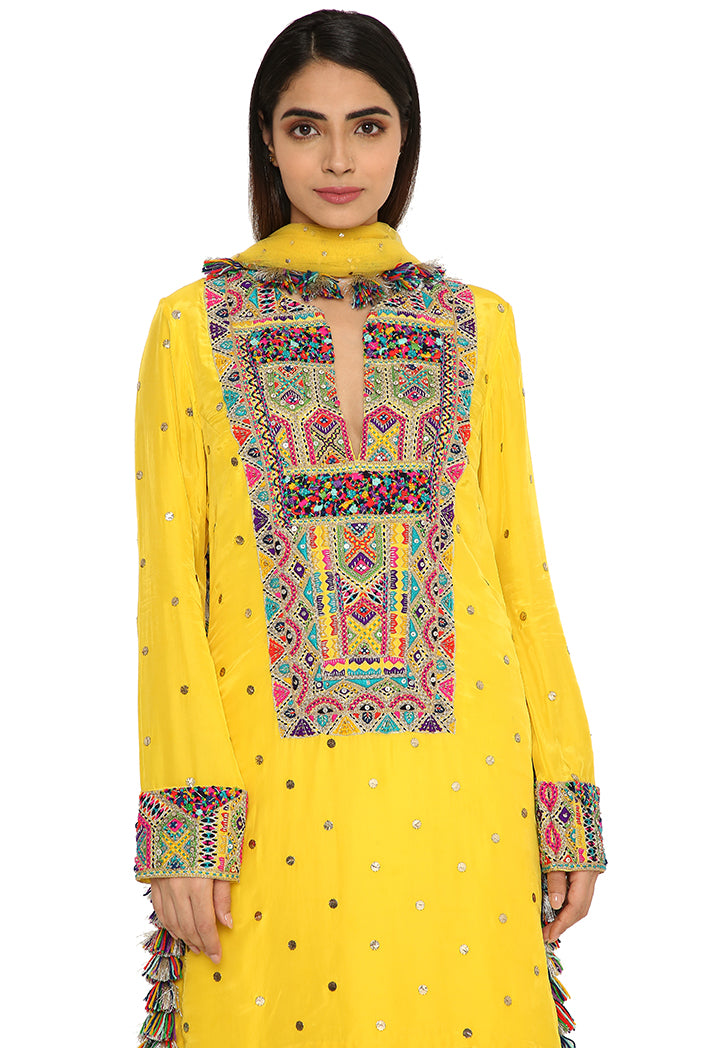 Helena Yellow Colour Silk Embroidered Kurta With Palazzo And Net Dupatta