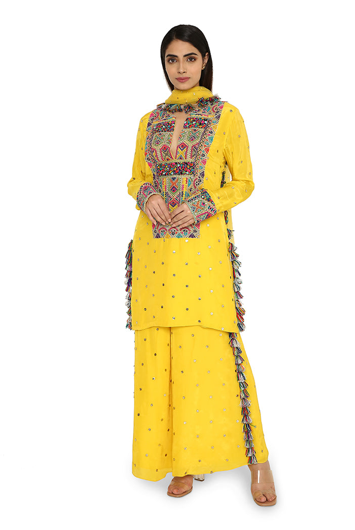 Helena Yellow Colour Silk Embroidered Kurta With Palazzo And Net Dupatta
