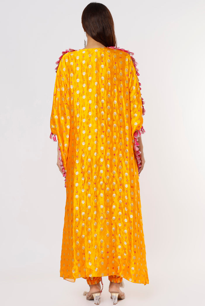 Yellow Bandhani Silk Embroidered Yoke High Low Kurta And Jogger Pants