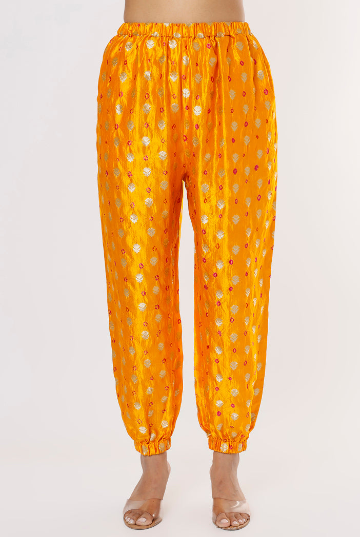 Yellow Bandhani Silk Embroidered Yoke High Low Kurta And Jogger Pants