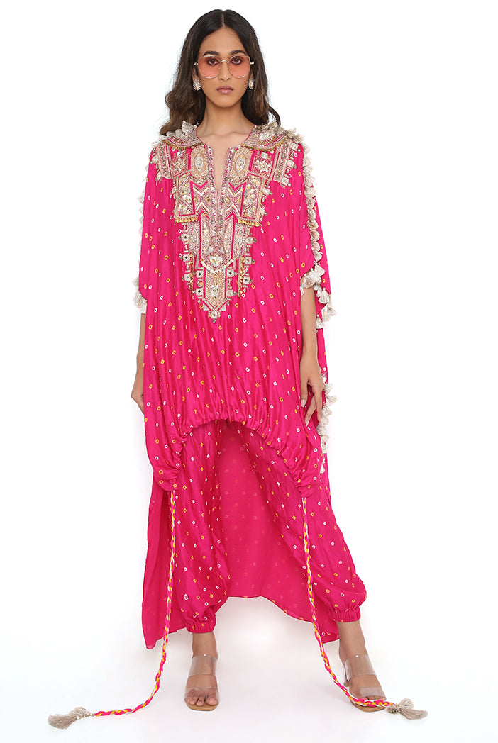 Pink Bandhani Silk Embroidered Yoke High Low Kurta And Jogger Pants
