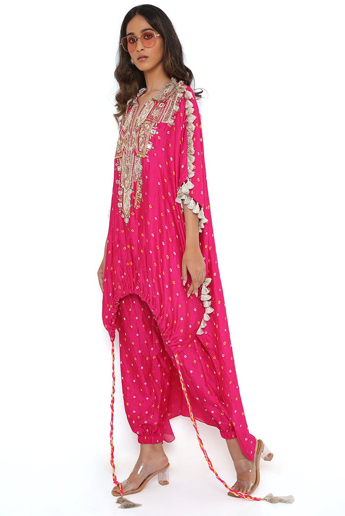 Pink Bandhani Silk Embroidered Yoke High Low Kurta And Jogger Pants