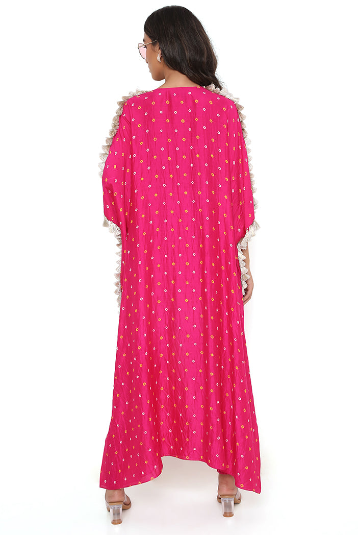 Pink Bandhani Silk Embroidered Yoke High Low Kurta And Jogger Pants