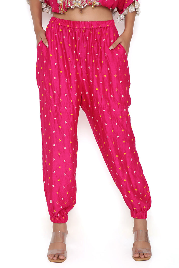 Pink Bandhani Silk Embroidered Yoke High Low Kurta And Jogger Pants
