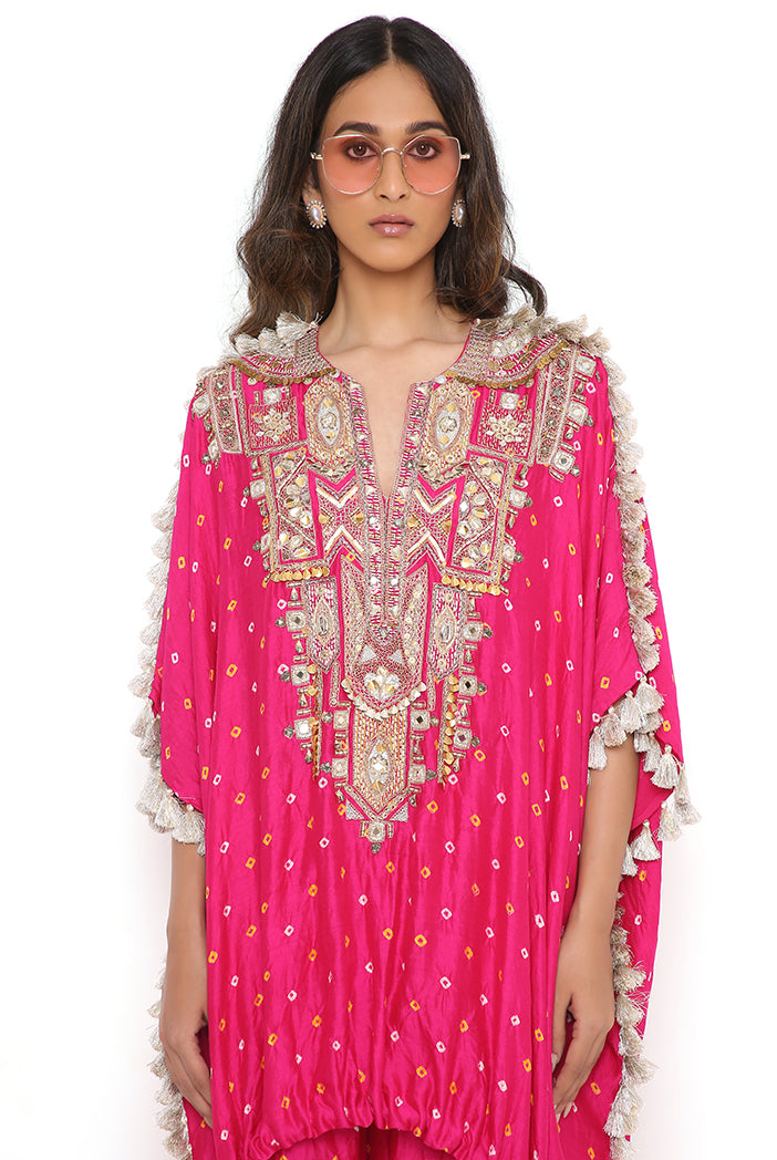 Pink Bandhani Silk Embroidered Yoke High Low Kurta And Jogger Pants