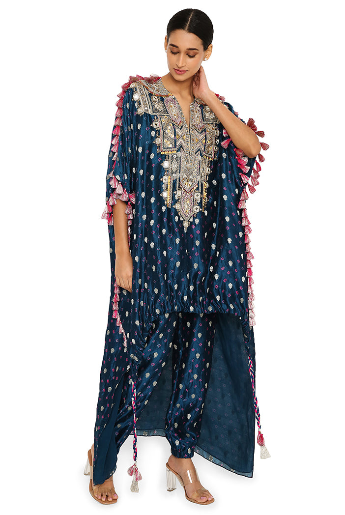 Selima Midnight Blue Colour Bandhani Silk Embroidered High Low Kurta With Jogger Pants