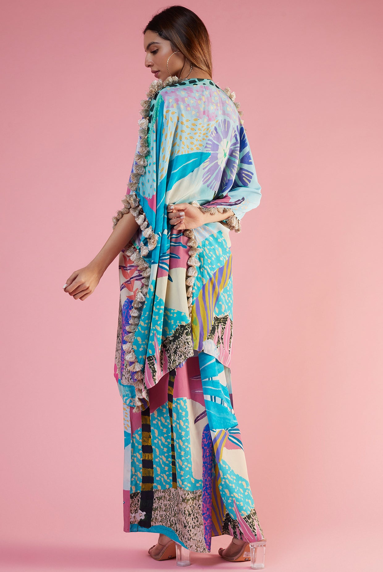 Aqua Tropical Print Crepe Embroidered Yoke Kaftan And Palazzo
