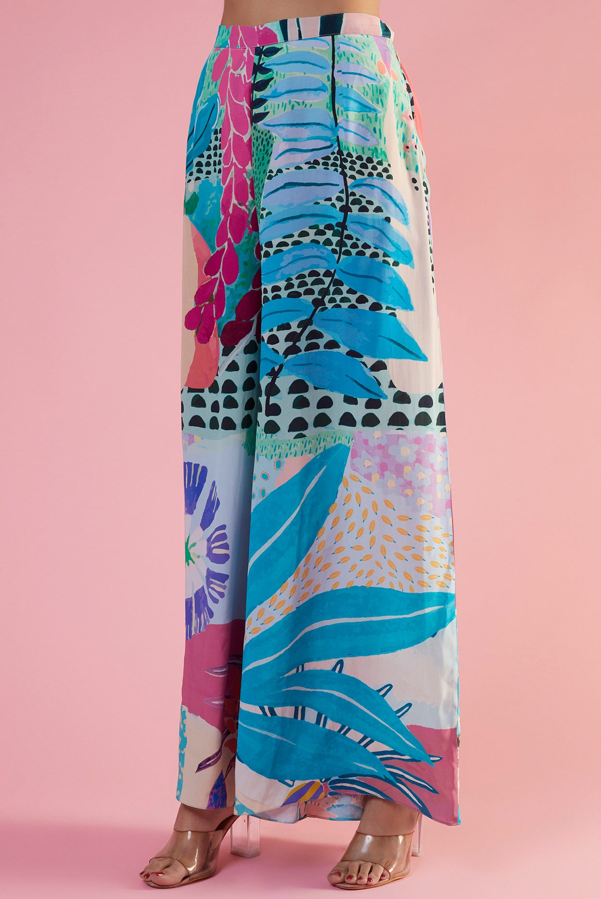 Aqua Tropical Print Crepe Embroidered Yoke Kaftan And Palazzo