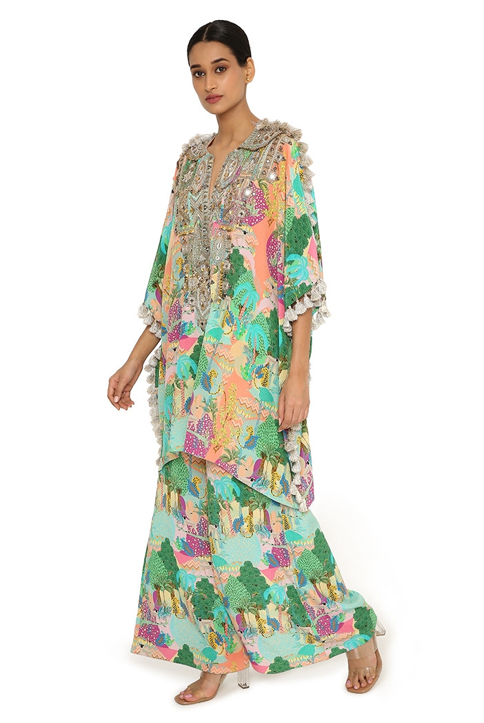 Charvi Peach Kuno Print Crepe Embroidered Kaftan With Palazzo