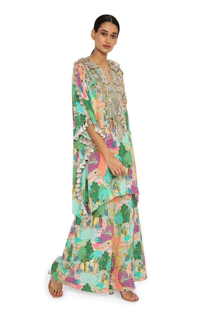 Charvi Peach Kuno Print Crepe Embroidered Kaftan With Palazzo