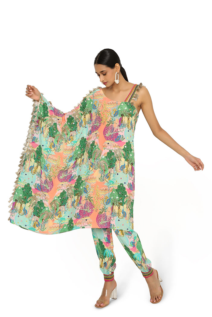 Mihra Peach Colour Kuno Print Crepe Embroidered Kaftan With Jogger Pants
