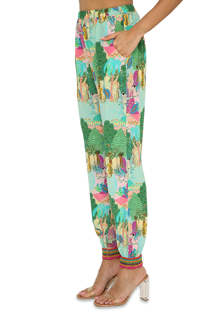 Mihra Peach Colour Kuno Print Crepe Embroidered Kaftan With Jogger Pants