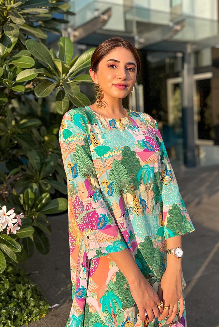 Peach Kuno Print Crepe Top And Palazzo With Tasseled Necklace