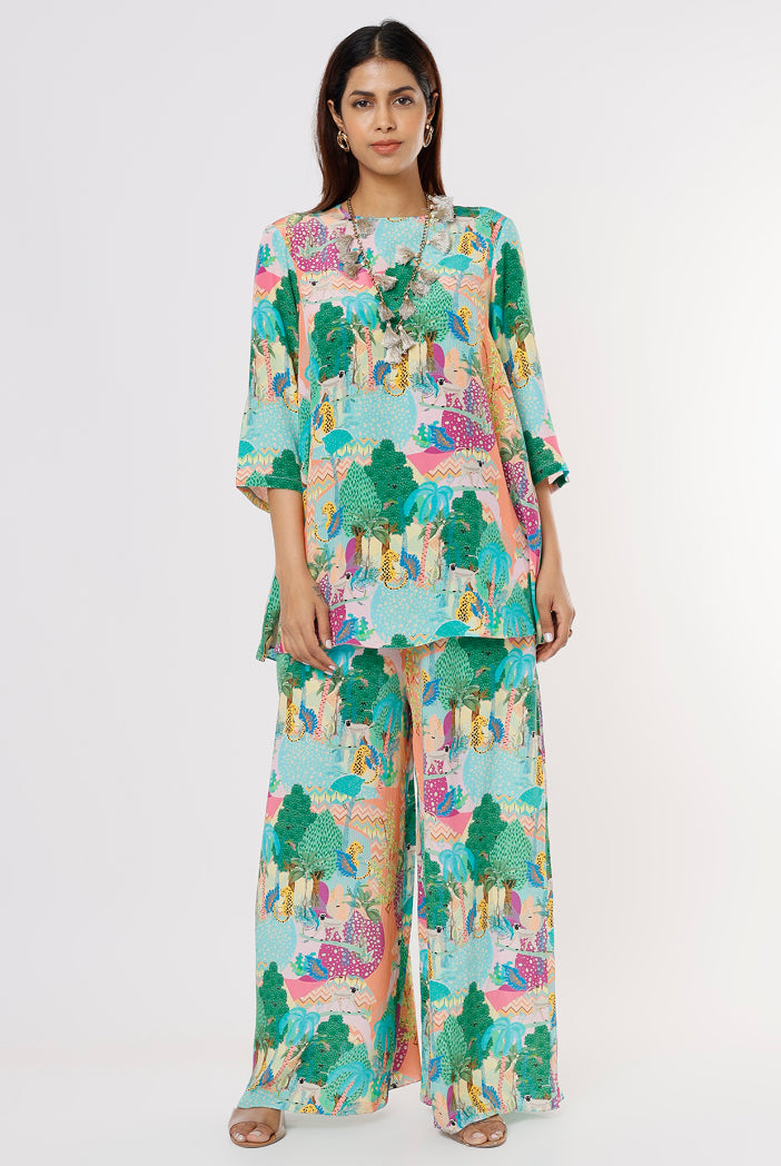 Peach Kuno Print Crepe Top And Palazzo With Tasseled Necklace