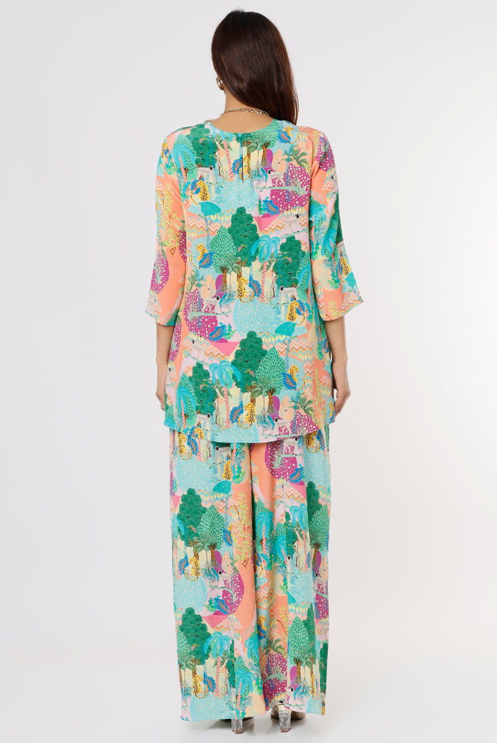 Peach Kuno Print Crepe Top And Palazzo With Tasseled Necklace