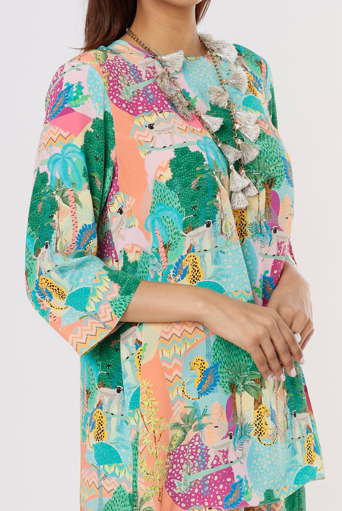 Peach Kuno Print Crepe Top And Palazzo With Tasseled Necklace